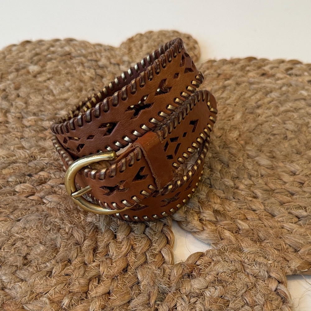 Massimo Dutti Brown Leather Cutout Belt with Contrast Stitching